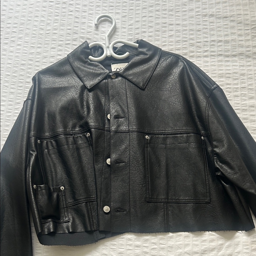 Zara Black Faux Leather Cropped Jacket